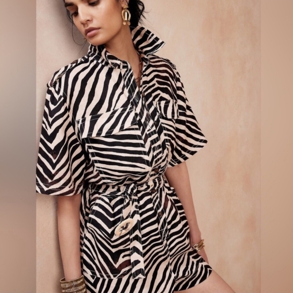 Banana Republic Zebra Print 100% Linen 3/4 Sleeve Belted Safari Romper XXL - Picture 1 of 10